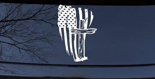 Worn American Flag With Old Wooden Cross Christian Car or Truck Window Decal Sticker (White)