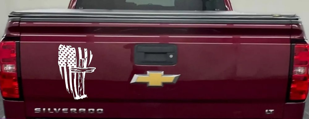 Worn American Flag With Old Wooden Cross Christian Car or Truck Window Decal Sticker (White)