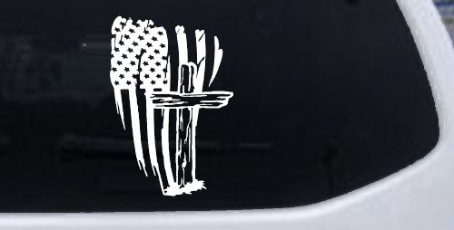 Worn American Flag With Old Wooden Cross Christian Car or Truck Window Decal Sticker
