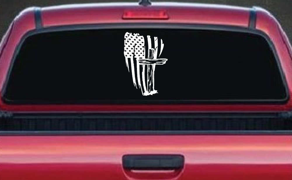 Worn American Flag With Old Wooden Cross Christian Car or Truck Window Decal Sticker