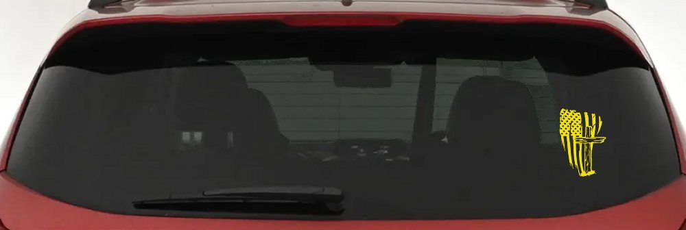 Worn American Flag With Old Wooden Cross Christian Car or Truck Window Decal Sticker (Yellow)