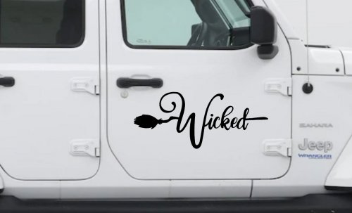 Wicked Witch Text with Broom Car or Truck Window Vinyl Decal Sticker (Black)