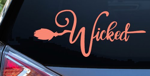 Wicked Witch Text with Broom Car or Truck Window Decal Sticker (Coral)