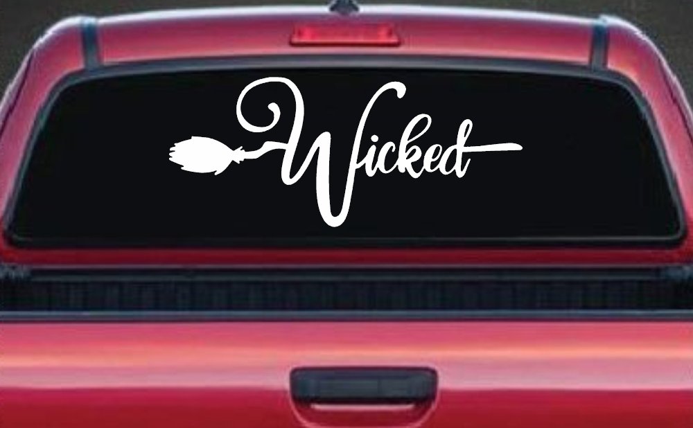 Wicked Witch Text with Broom Car or Truck Window Decal Sticker (White)