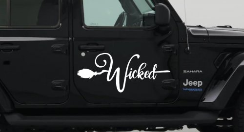 Wicked Witch Text with Broom Car or Truck Window Vinyl Decal Sticker (White)