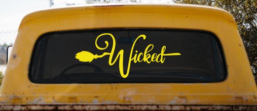 Wicked Witch Text with Broom Car or Truck Window Decal Sticker (Yellow)