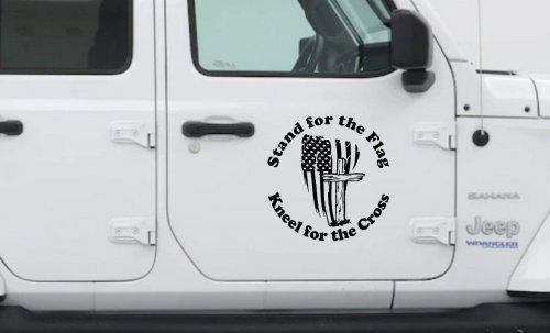Stand for the Flag Kneel for the Cross worn US Flag and Cross Christian Car or Truck Window Decal Sticker (Black)