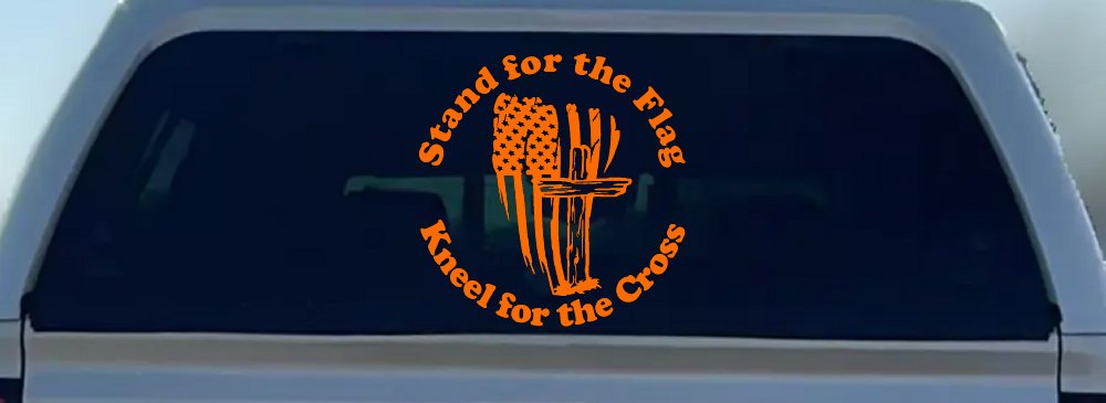 Stand for the Flag Kneel for the Cross worn US Flag and Cross Christian Car or Truck Window Decal Sticker (Orange)