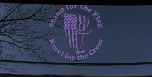 Stand for the Flag Kneel for the Cross worn US Flag and Cross Christian Car or Truck Window Decal Sticker (Purple)