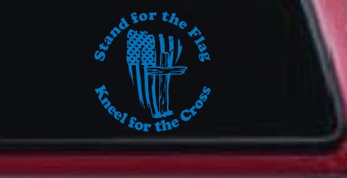 Stand for the Flag Kneel for the Cross worn US Flag and Cross Christian Car or Truck Window Vinyl Decal Sticker (Sky Blue)