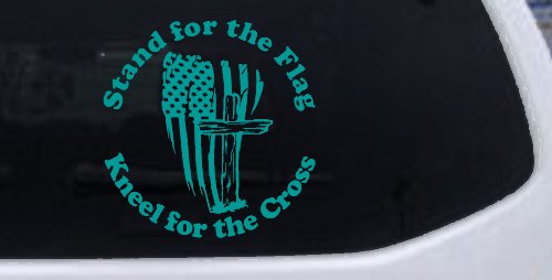 Stand for the Flag Kneel for the Cross worn US Flag and Cross Christian Car or Truck Window Decal Sticker (Turquoise)