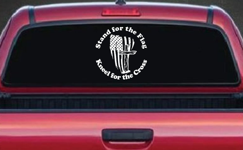 Stand for the Flag Kneel for the Cross worn US Flag and Cross Christian Car or Truck Window Decal Sticker