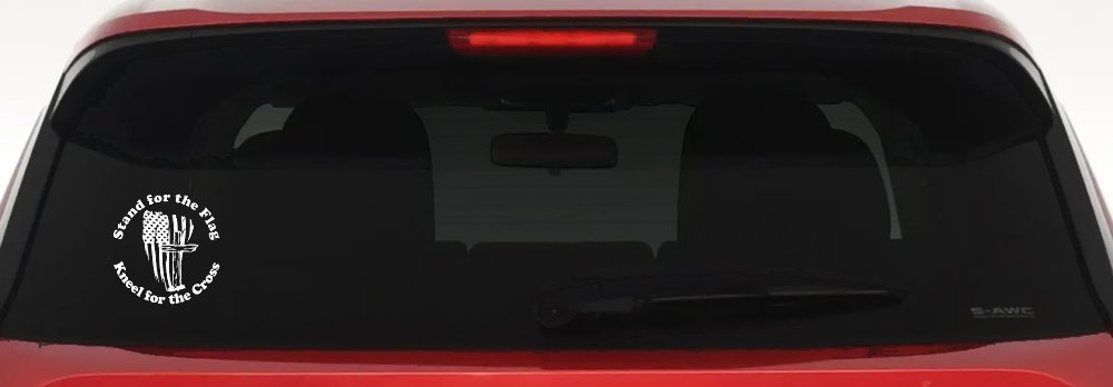 Stand for the Flag Kneel for the Cross worn US Flag and Cross Christian Car or Truck Window Decal Sticker (White)