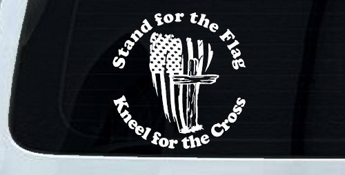 Stand for the Flag Kneel for the Cross worn US Flag and Cross Christian Car or Truck Window Vinyl Decal Sticker (White)