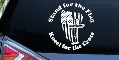 Stand for the Flag Kneel for the Cross worn US Flag and Cross Christian Car or Truck Window Vinyl Decal Sticker (White)