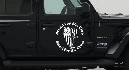 Stand for the Flag Kneel for the Cross worn US Flag and Cross Christian Car or Truck Window Vinyl Decal Sticker (White)