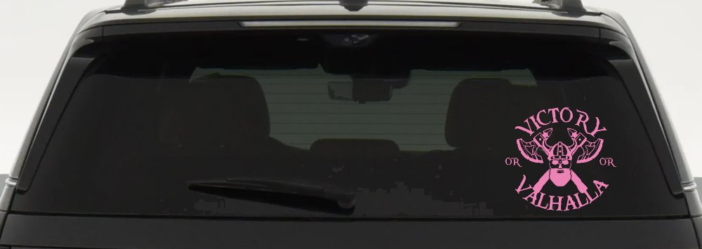 Viking Victory or Valhalla Axes and Bearded Skull Military Car or Truck Window Decal Sticker (Pink)