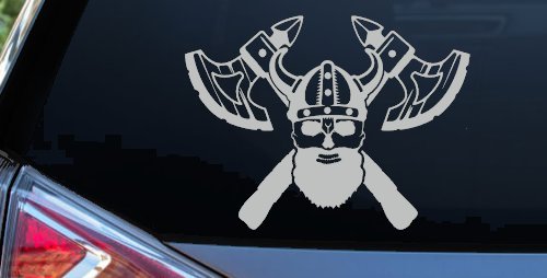 Bearded Viking Skull With Battle Axes  Skulls Car or Truck Window Decal Sticker (Light Gray)