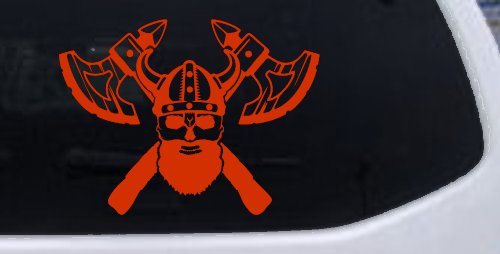 Bearded Viking Skull With Battle Axes  Skulls Car or Truck Window Decal Sticker (Orange Red)