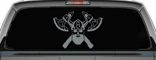 Bearded Viking Skull With Battle Axes  Skulls Car or Truck Window Decal Sticker (Telegrey)
