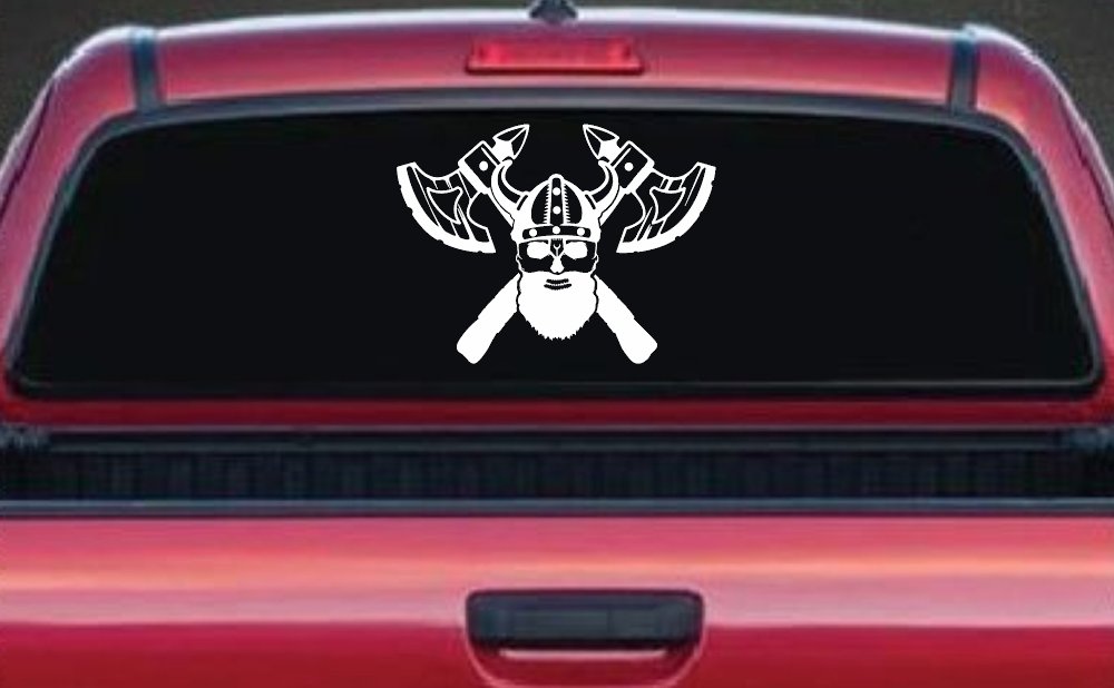Bearded Viking Skull With Battle Axes  Skulls Car or Truck Window Decal Sticker (White)
