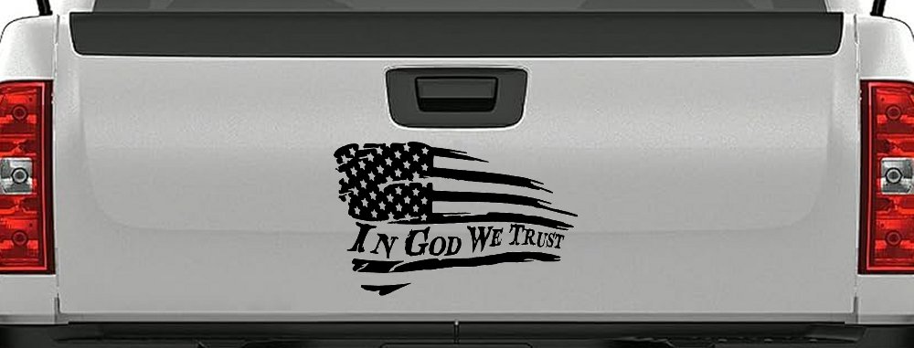 In God We Trust with American Flag Christian Car or Truck Window Vinyl Decal Sticker (Matte Black)