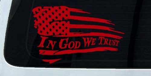 In God We Trust with American Flag Christian Car or Truck Window Vinyl Decal Sticker (Red)