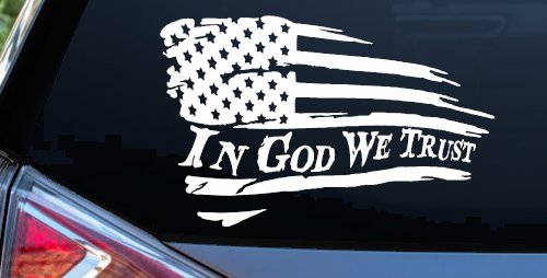 In God We Trust with American Flag Christian Car or Truck Window Vinyl Decal Sticker (White)