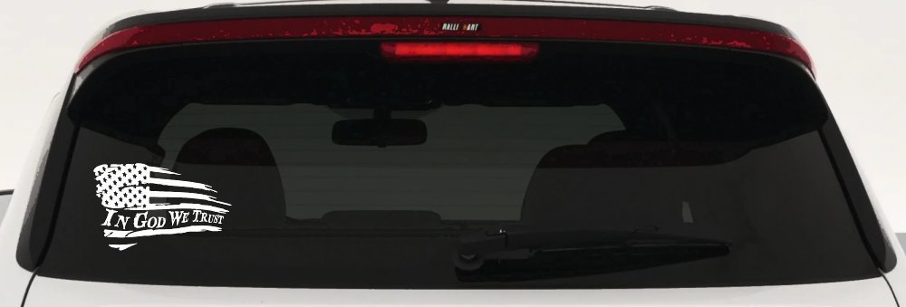 In God We Trust with American Flag Christian Car or Truck Window Vinyl Decal Sticker (White)