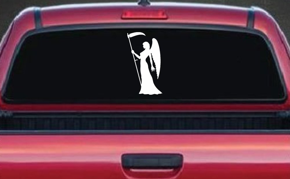 Female Woman Girl Grimm Reaper Car or Truck Window Decal Sticker (White)