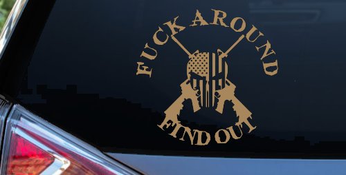 FAFO F*ck Around and Find Out with Flag Skull AR 15 Country Car or Truck Window Vinyl Decal Sticker (Light Brown)