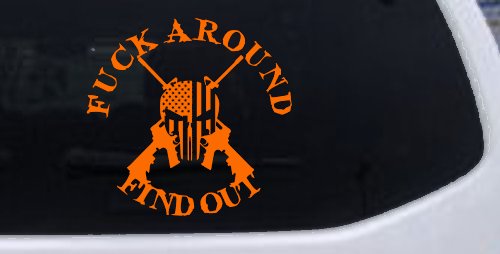 FAFO F*ck Around and Find Out with Flag Skull AR 15 Country Car or Truck Window Vinyl Decal Sticker (Orange)