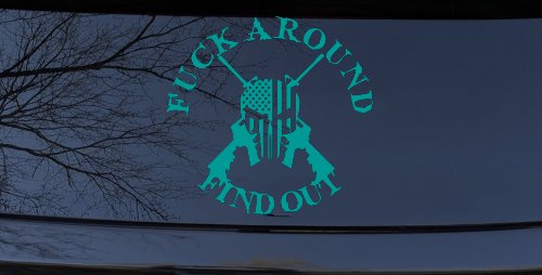 FAFO F*ck Around and Find Out with Flag Skull AR 15 Country Car or Truck Window Vinyl Decal Sticker (Turquoise)