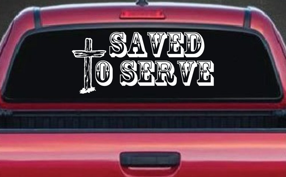 Saved To Serve With Wooden Cross Christian Car or Truck Window Decal Sticker (White)