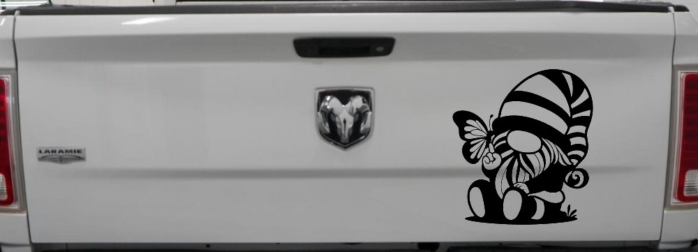 Gnome With Butterfly Butterflies Car or Truck Window Decal Sticker (Black)