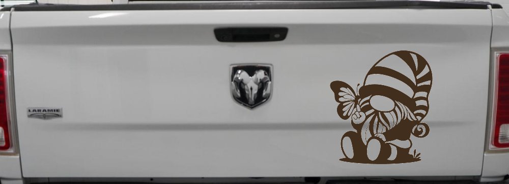 Gnome With Butterfly Butterflies Car or Truck Window Decal Sticker (Brown)