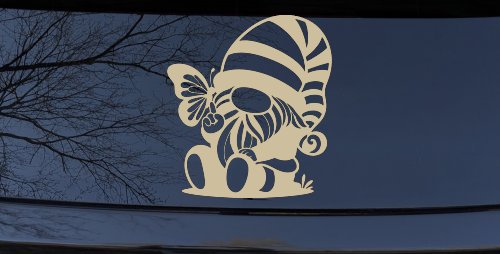 Gnome With Butterfly Butterflies Car or Truck Window Decal Sticker (Desert Sand)