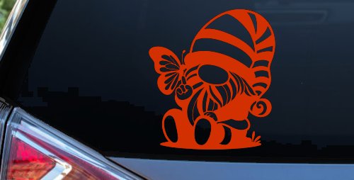 Gnome With Butterfly Butterflies Car or Truck Window Decal Sticker (Orange Red)