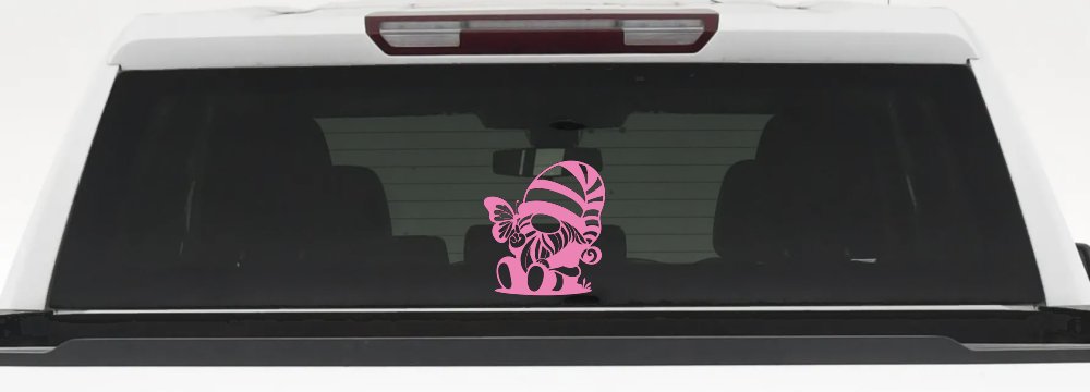 Gnome With Butterfly Butterflies Car or Truck Window Decal Sticker (Pink)