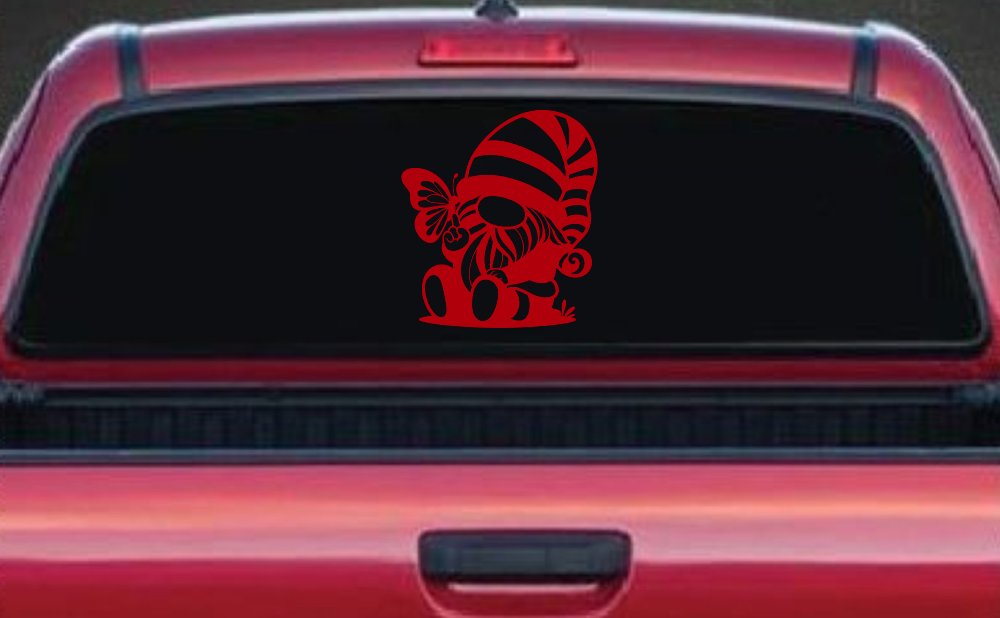Gnome With Butterfly Butterflies Car or Truck Window Decal Sticker (Red)