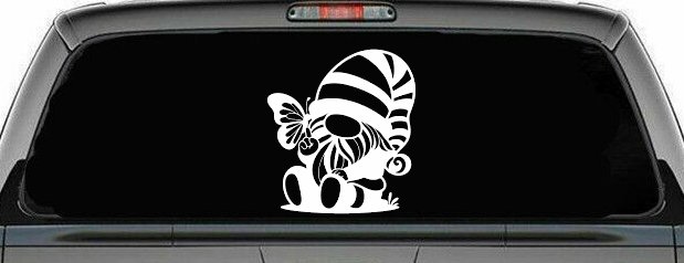 Gnome With Butterfly Butterflies Car or Truck Window Decal Sticker (White)