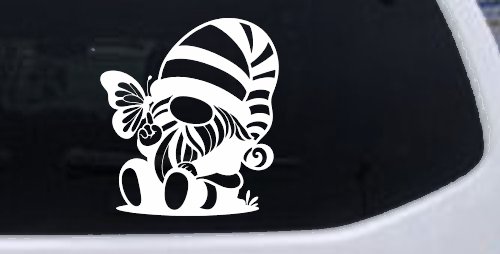 Gnome With Butterfly Butterflies Car or Truck Window Decal Sticker (White)