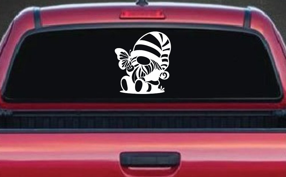 Gnome With Butterfly Butterflies Car or Truck Window Decal Sticker (White)