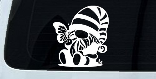 Gnome With Butterfly Butterflies Car or Truck Window Decal Sticker (White)