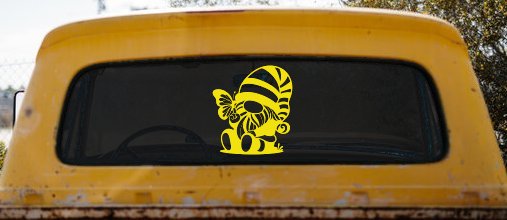 Gnome With Butterfly Butterflies Car or Truck Window Decal Sticker (Yellow)