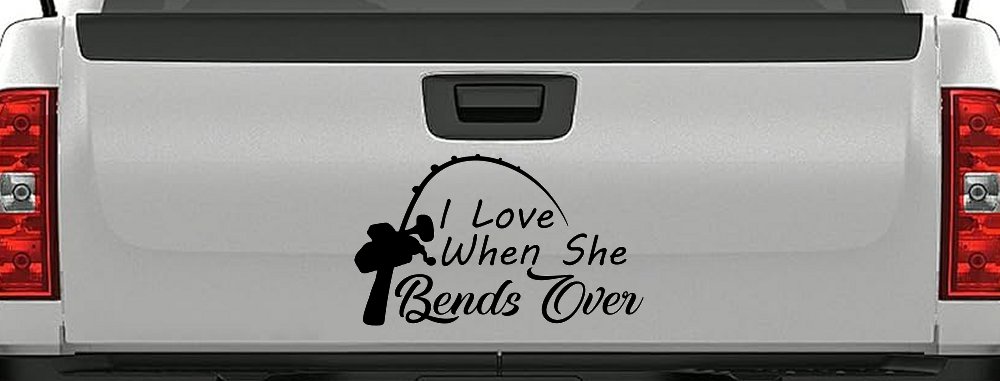 I Love When She Bends Over Fishing Pole Car or Truck Window Decal Sticker (Black)