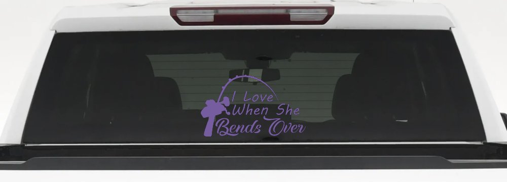 I Love When She Bends Over Fishing Pole Car or Truck Window Decal Sticker (Purple)