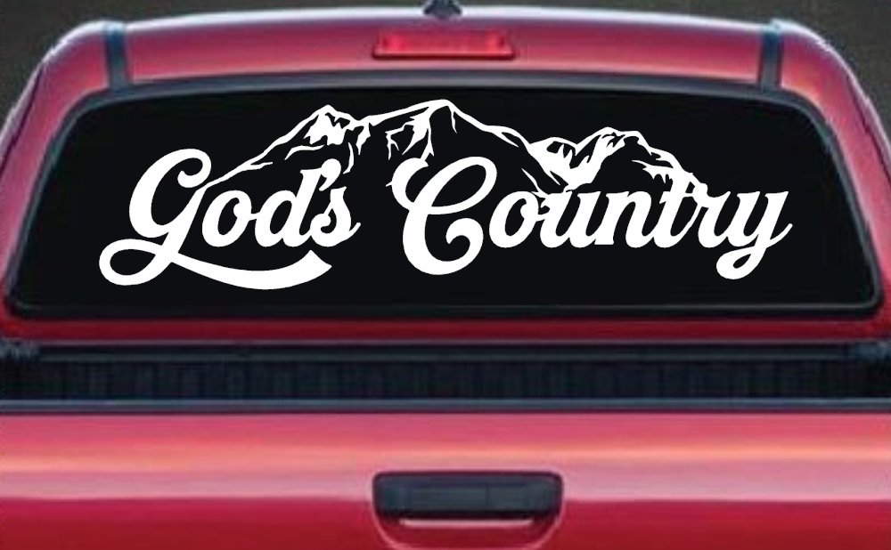 God's Country Mountains Car or Truck Window Decal Sticker (White)