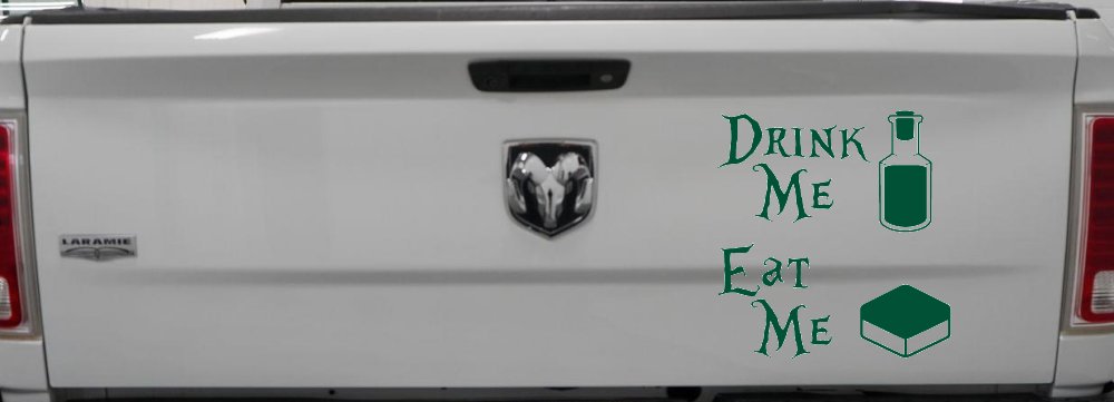 Drink Me Eat Me Alice Wonderland Vinyl Car or Truck Window Decal Sticker (Dark Green)