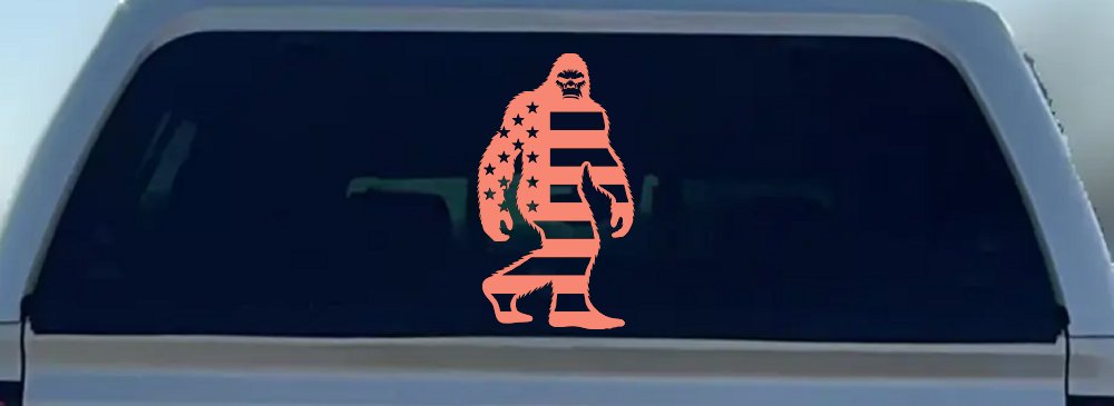 American Flag Bigfoot Vinyl Car or Truck Window Decal Sticker (Coral)